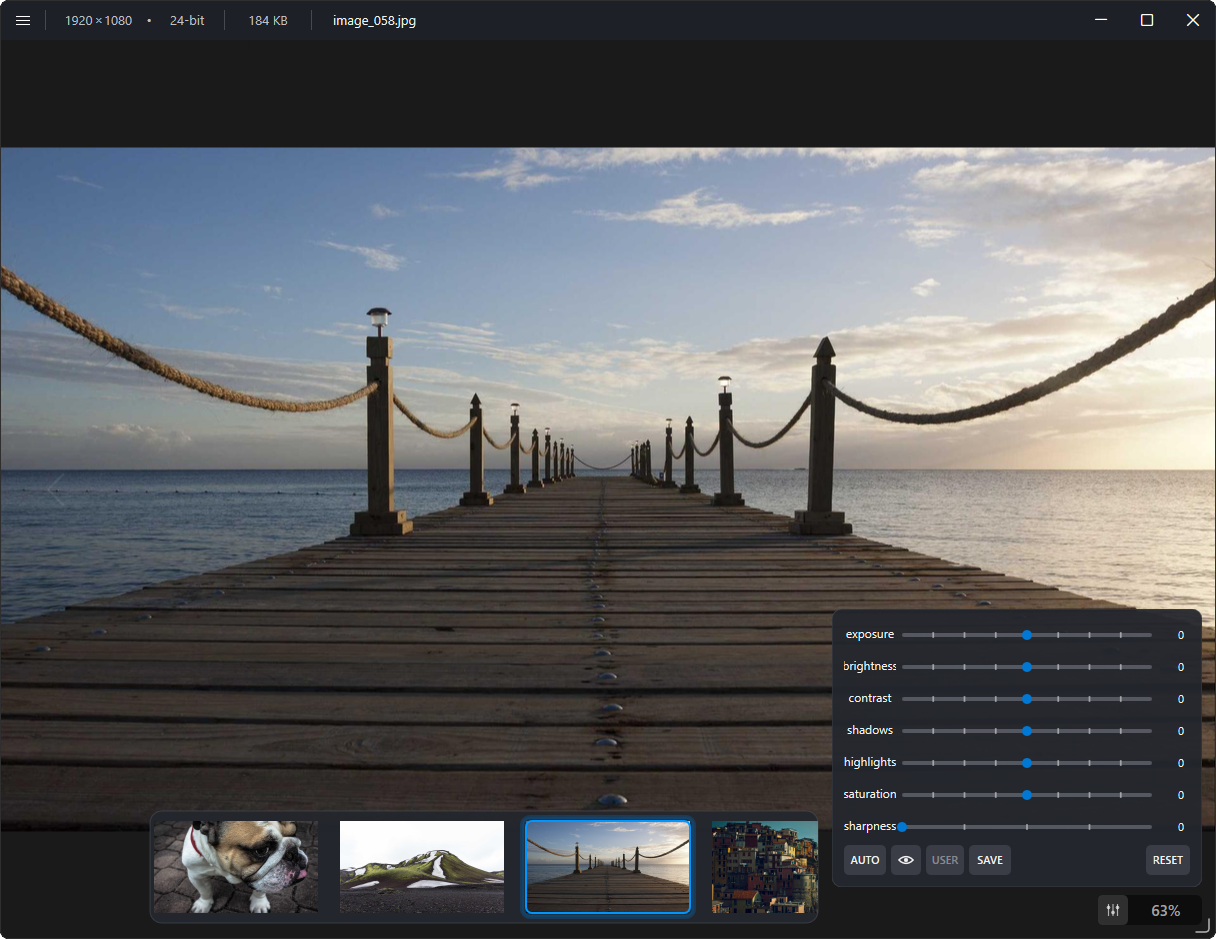 viewtrious displaying an image with the filmstrip and media adjustments visible